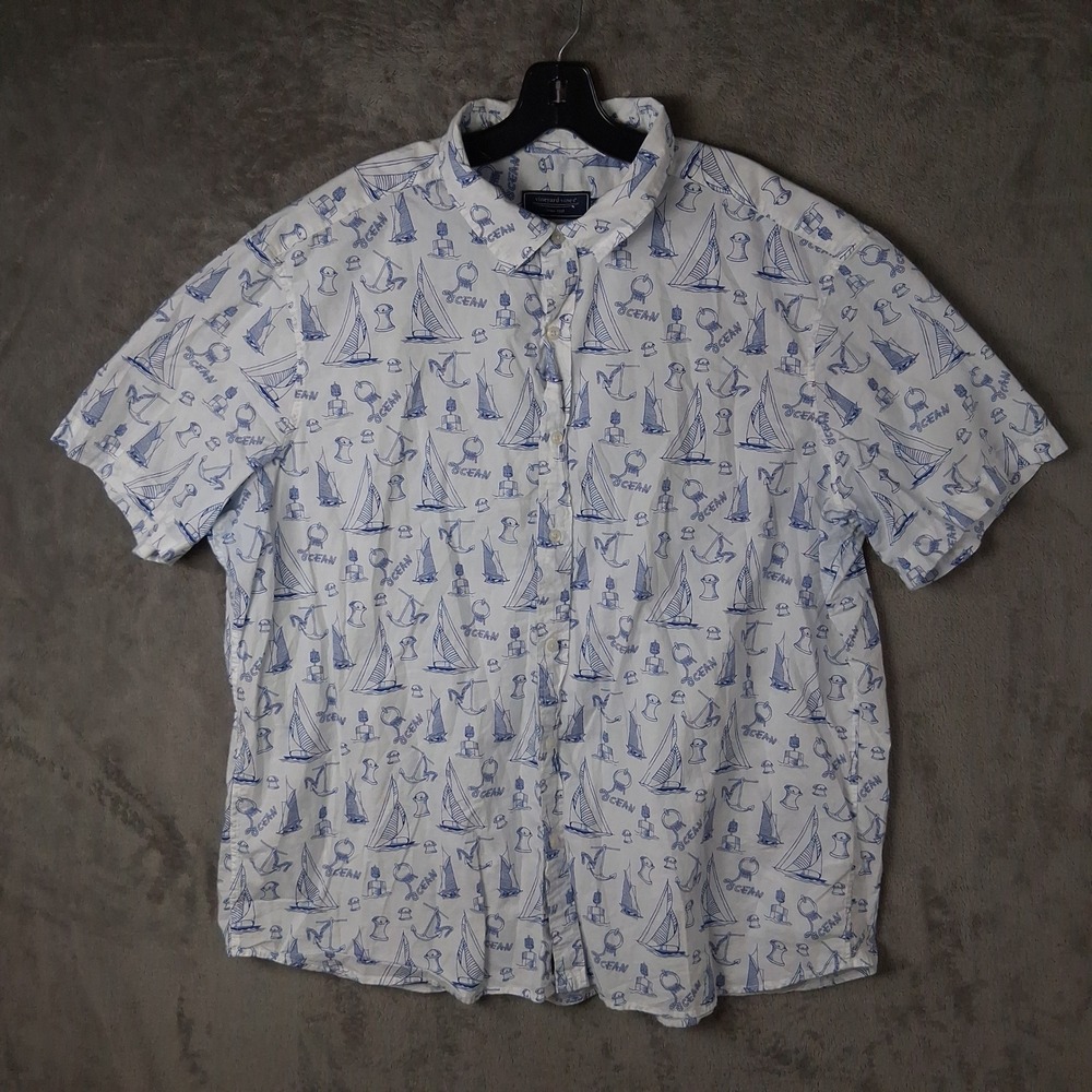 Vineyard Vines Mens XXL White Blue Nautical Sailboat AOP Cotton Shirt 1W012312